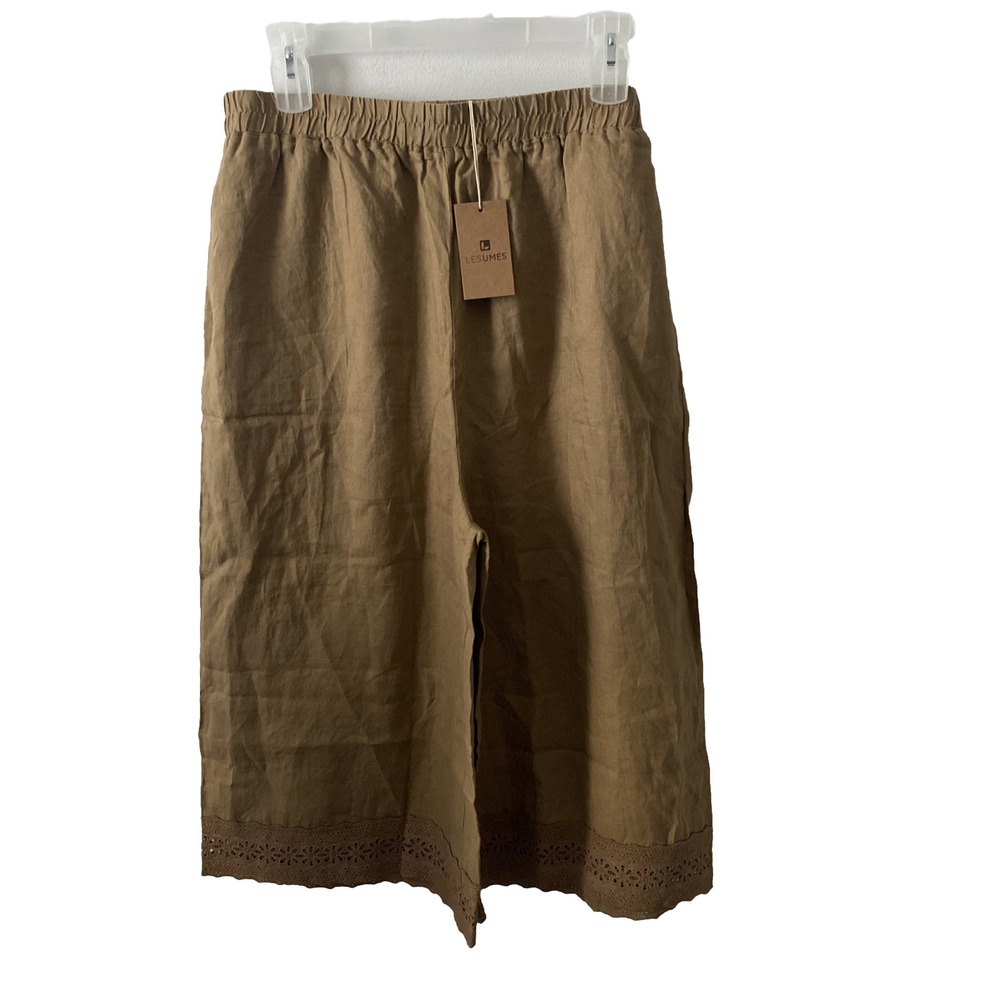 Lesumes Tan Linen  Pants Womens Size Sz 16 Wide Leg Plazo Pull On Cropped
